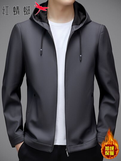 Red Dragonfly Hooded Leather Jacket for Men 2025 Autumn and Winter New Trendy Motorcycle Leather Jacket Casual Fleece-Lined Coat for Men