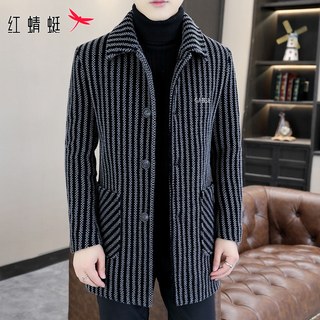 红蜻蜓中长款毛呢羽绒服男士冬季新款休闲条纹大衣加绒风衣外套男