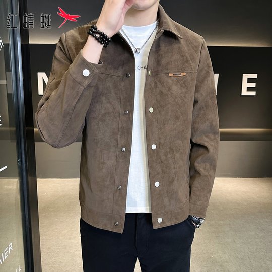 Red Dragonfly Jacket Men's Autumn New High-End Trendy Turn-Down Collar Top Suede Casual Coat Men's Fashion Winter