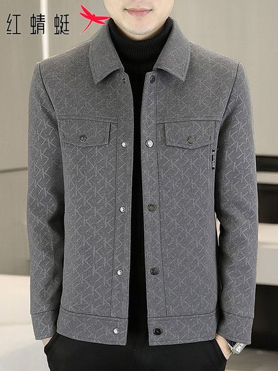 Red Dragonfly Woolen down Jacket Men's Winter New Trendy Lapel down Coat Cold-Proof Warm Woolen Outerwear for Men