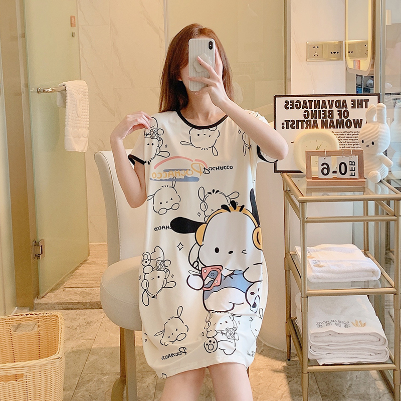 Summer Nightgown for Women, Short-Sleeved, Casual, Cartoon, Mid-Length, Maternity Pajamas, Women's Summer Plus-Size Dress That Can Be Worn Outside
