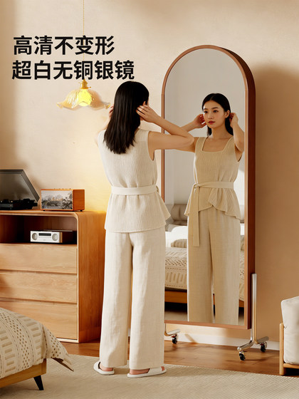 Solid Wood Full-Length Mirror, Movable, Mid-Century Style, Home-Use Magazine and Bookshelf, Integrated Storage, Floor-Standing Rotating Dressing Mirror