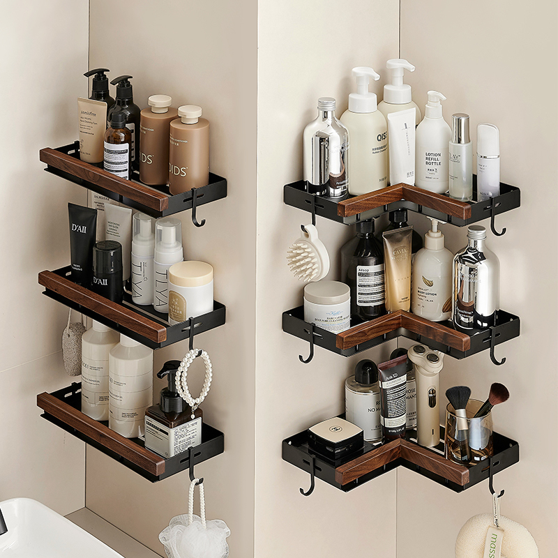 Walnut Bathroom Storage Rack, No-Drill Corner Shelf for Shower and Toilet, Shower Gel Storage Triangle Rack
