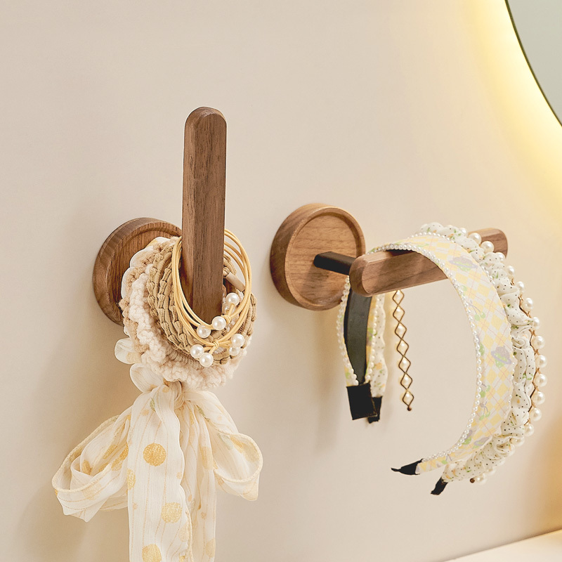 Walnut Hairband and Hair Tie Storage Rack, Wall-Mounted, No-Drill Hook, Strong Adhesive Wall Decoration Hook