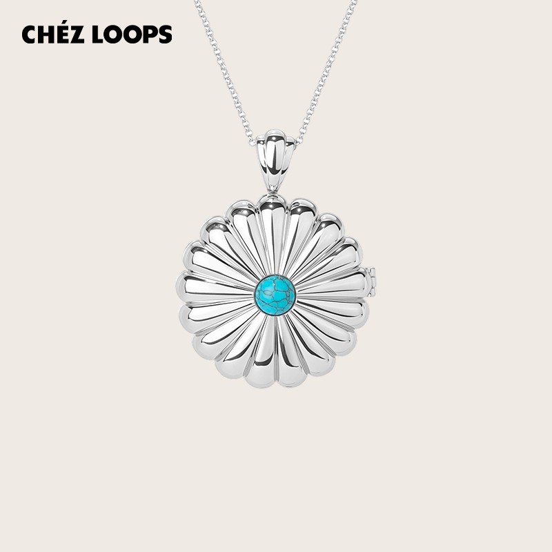Chez Loops Turquoise Daisy Mirror Long Necklace Original Design Turquoise Copper Gold-Plated Clavicle Chain for Women Chez Loops Turquoise Daisy Mirror Long Necklace Original Design Turquoise Copper Gold-Plated Clavicle Chain for Women