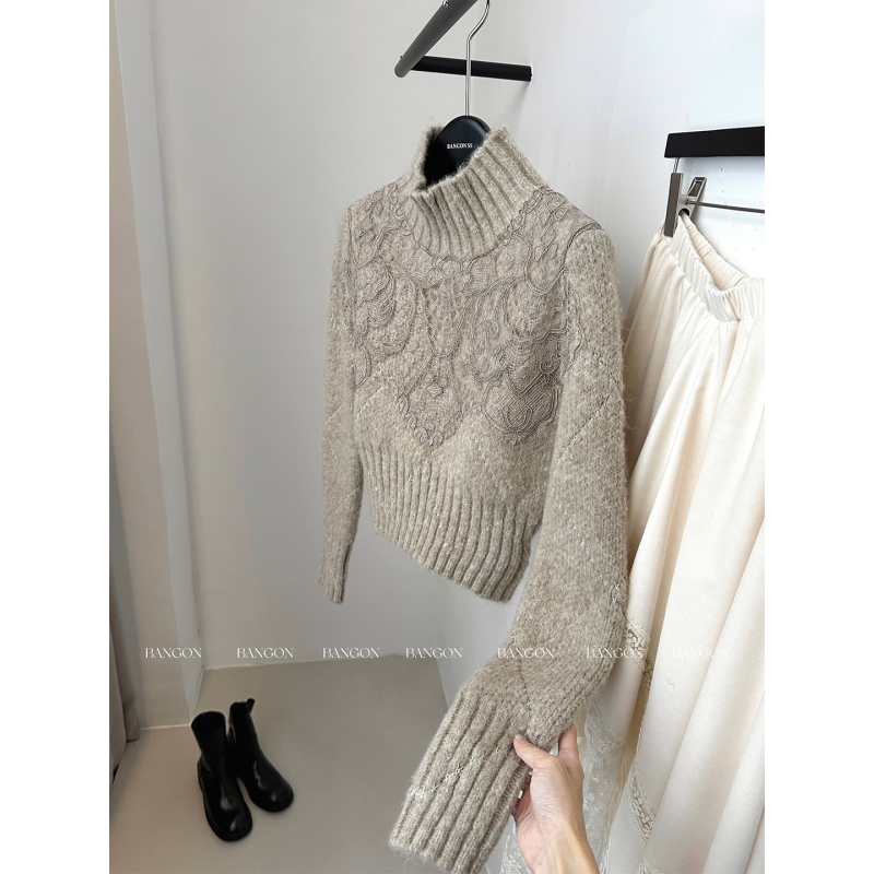 Bangon ins French-Style Half-High Collar Long-Sleeve Sweater with Unique Design, Lazy Style, High-End Socialite Feel, Knitted Top