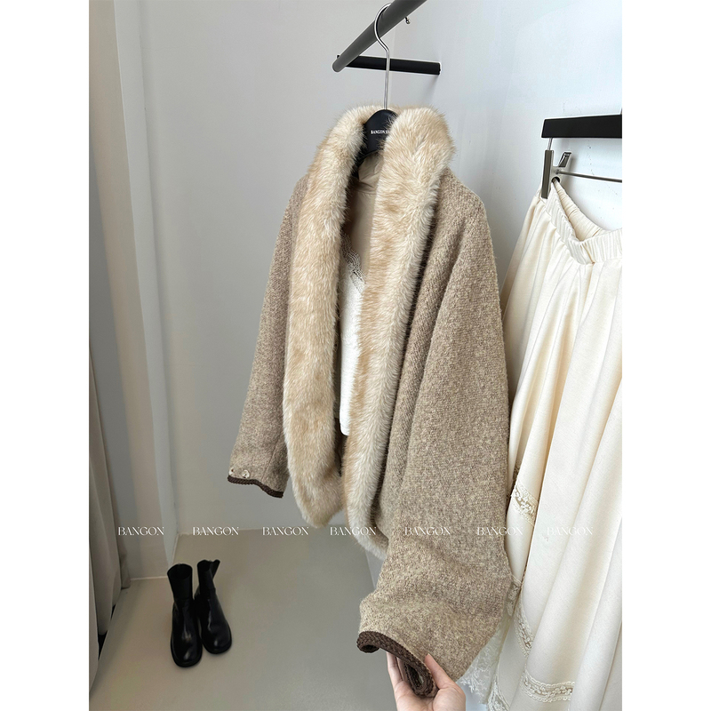 Bangon ins Batwing Fur Collar Cardigan Coat 2026 New Loose-Fitting Elegant High-End Wool Coat