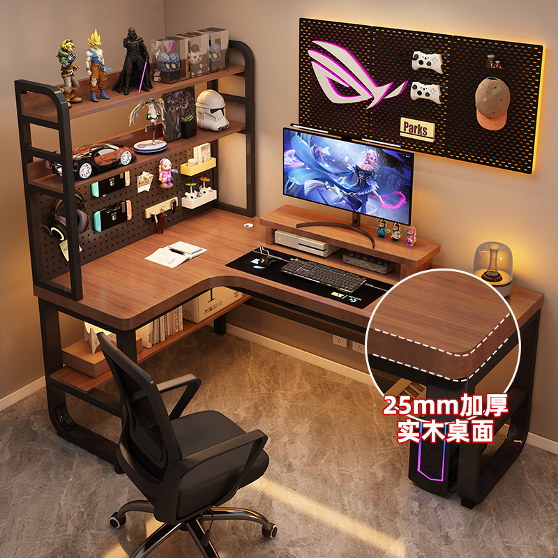 Solid Wood Corner Computer Desk for Bedroom, Home-Use Desktop Desk with Integrated Bookshelf, Double Gaming Desk, Corner Office Desk