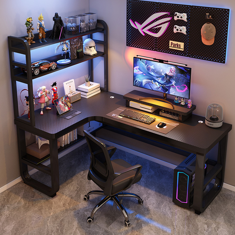 Corner Gaming Table Desktop Home Computer Desk Double Desk with Bookshelf Integrated Table Bedroom Corner Table Office Desk