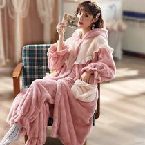 Autumn Winter Pyjamas Woman Flannel Loose Lace Princess Wind Sleeping Skirt Delivery Sleeping Pants Cute sweet and super long style Thickening Dress