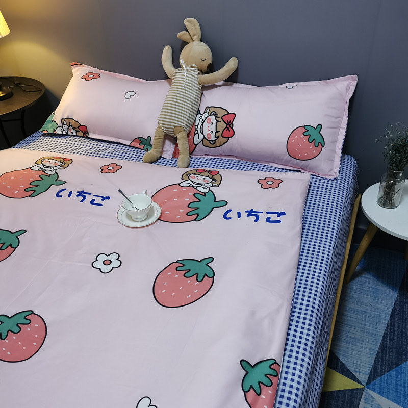Ins princess style girl heart strawberry bed four-piece wash cotton bed sheet quilt cover student dormitory three-piece set 4 covers