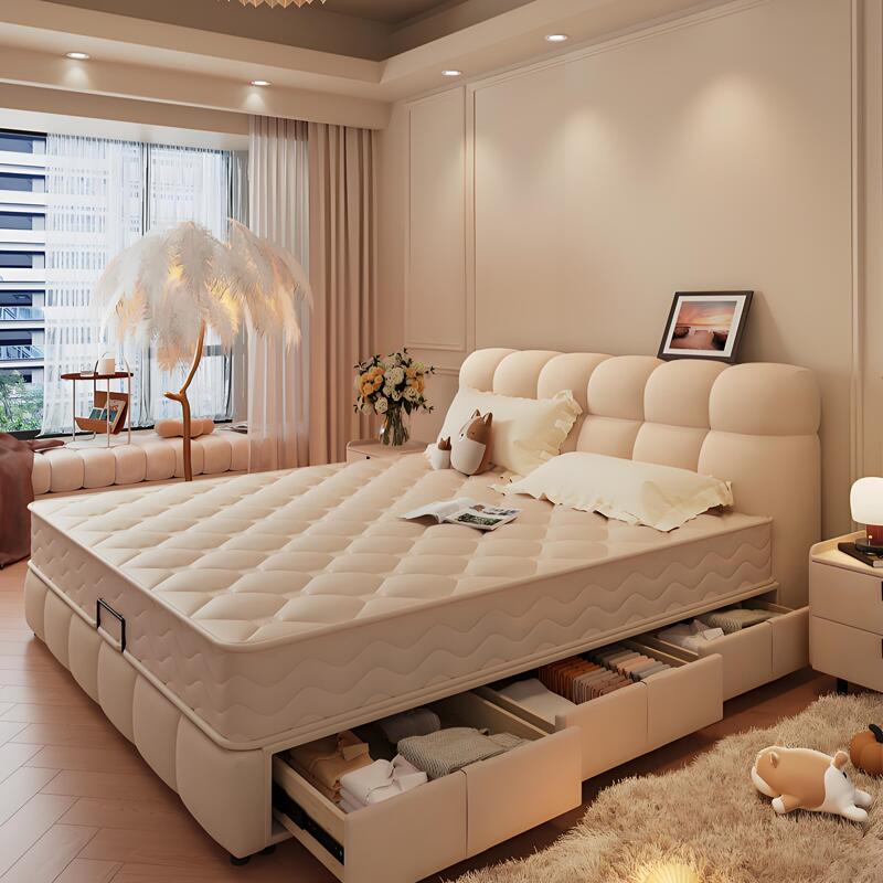 Cream-Colored Genuine Leather Bed, Trendy Puff Bed, Modern Minimalist Style, 1.8m Double Beds, Master Bedroom Large Bed, Soft Upholstery, Storage, Wedding Bed
