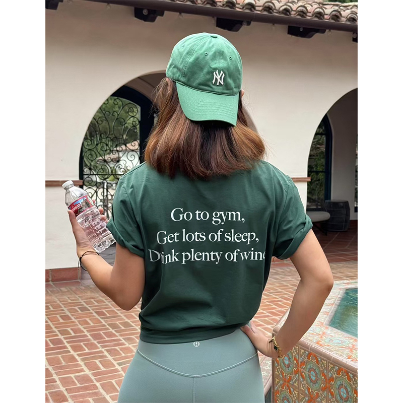 Go to Gym American Retro Sports Style Fitness Drinking Letter Print Dark Green Fashionable Short-Sleeved T-Shirt for Women