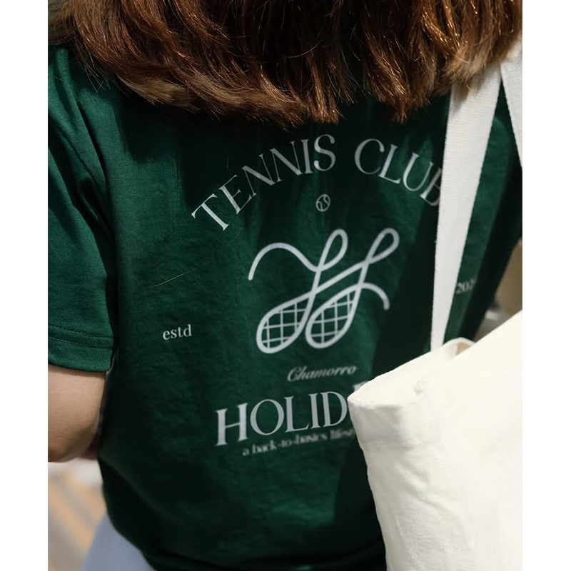 Tennis Club American Sports and Leisure Style Tennis Club Letter Printed Pure Cotton Short-Sleeved T-Shirt for Women Tennis Club American Sports and Leisure Style Tennis Club Letter Printed Pure Cotton Short-Sleeved T-Shirt for Women