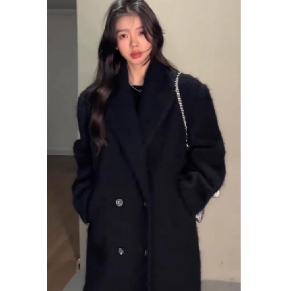 White duck suede black big coat woman 2023 Winter new long style down liner suit Thickened Fur Coats-Taobao