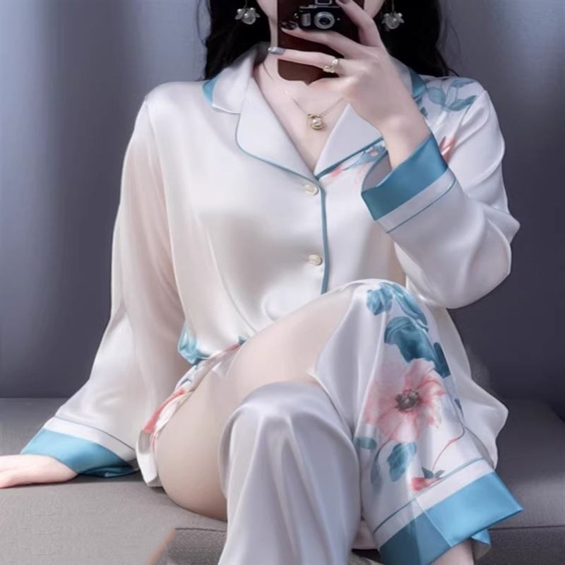Victoria Silk Pajamas for Women, Spring, Autumn and Summer, Ice Silk Thin, Chinese Style, Long-Sleeved, Long Pants, Mulberry Silk Home Wear Set