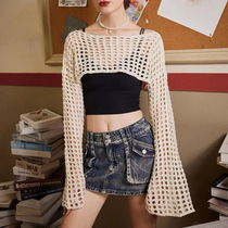欧美春夏短款露脐Y2K毛衣 沙滩镂空针织罩衫