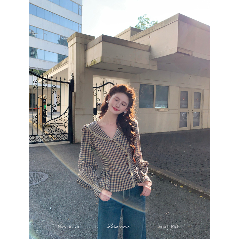 Lifelong Romance [Letter from the Navy] French-Style Blue and White Checkered Cotton-Feel Shirt for Women, Autumn Waist-Cinching Long-Sleeve Top