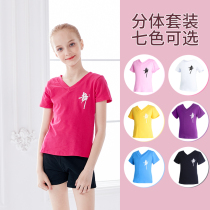 Childrens dance clothes practice short-sleeved shorts suit ethnic Chinese dance boys and girls v-neck two-piece gym suit