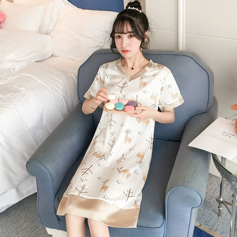 Váy ngủ mùa hè mỏng băng lụa Hàn Quốc đồ ngủ rộng rãi phụ nữ mùa hè lụa ngọt ngào phụ nữ ở nhà dịch vụ sinh viên váy - Đêm đầm