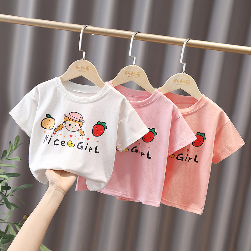 Girls short-sleeved T-shirt summer 2022 new children's thin section all-match round neck female baby Western style cartoon top