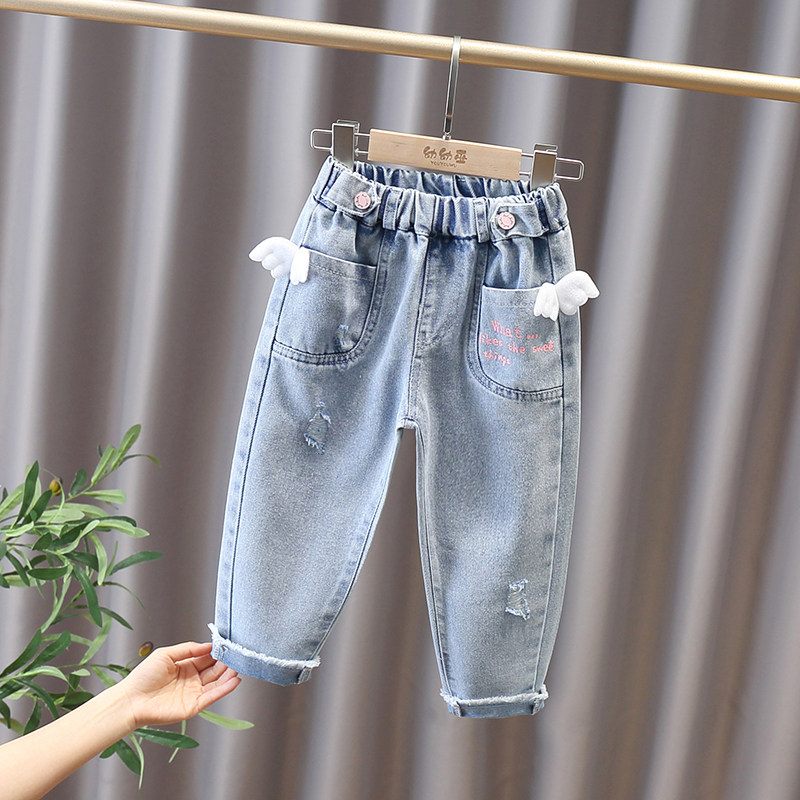 Girls' ripped jeans spring and autumn 2022 new children's loose straight trousers baby Western style rolled trousers