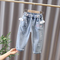 Girl Breaking Hole Jeans Spring Autumn 2021 New Children Loose Straight Barrel Long Pants Baby Foreign Air Turn Pants