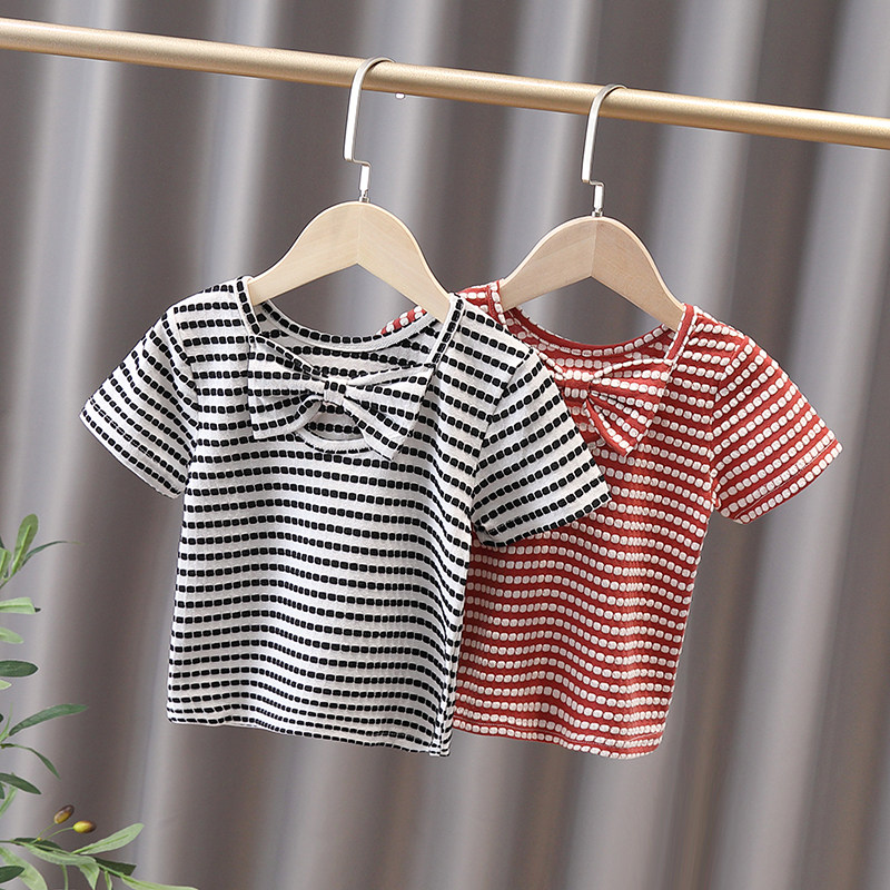 Girls Net Red T-Shirt Short Sleeve 2022 New Summer Girls Baby Summer Clothes Children's Thin Striped Tops