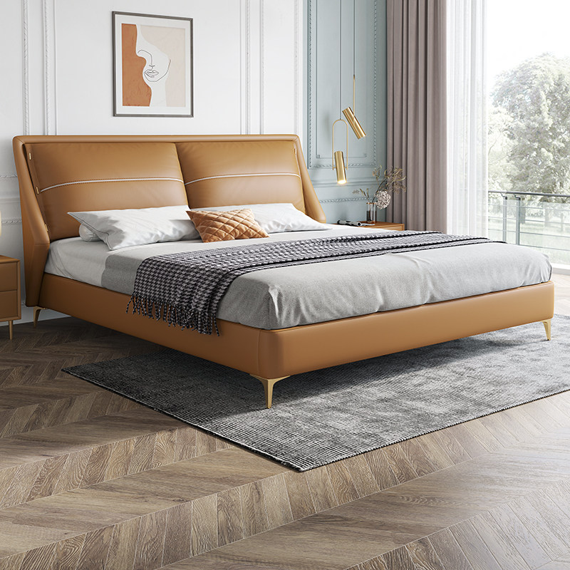 Real Leather Bed Light Extravagant Modern High-end Main Sleeper double bed Fancy Extremely Simple Internet Red New Soft Bag Solid Wood Wedding Bed-Taobao