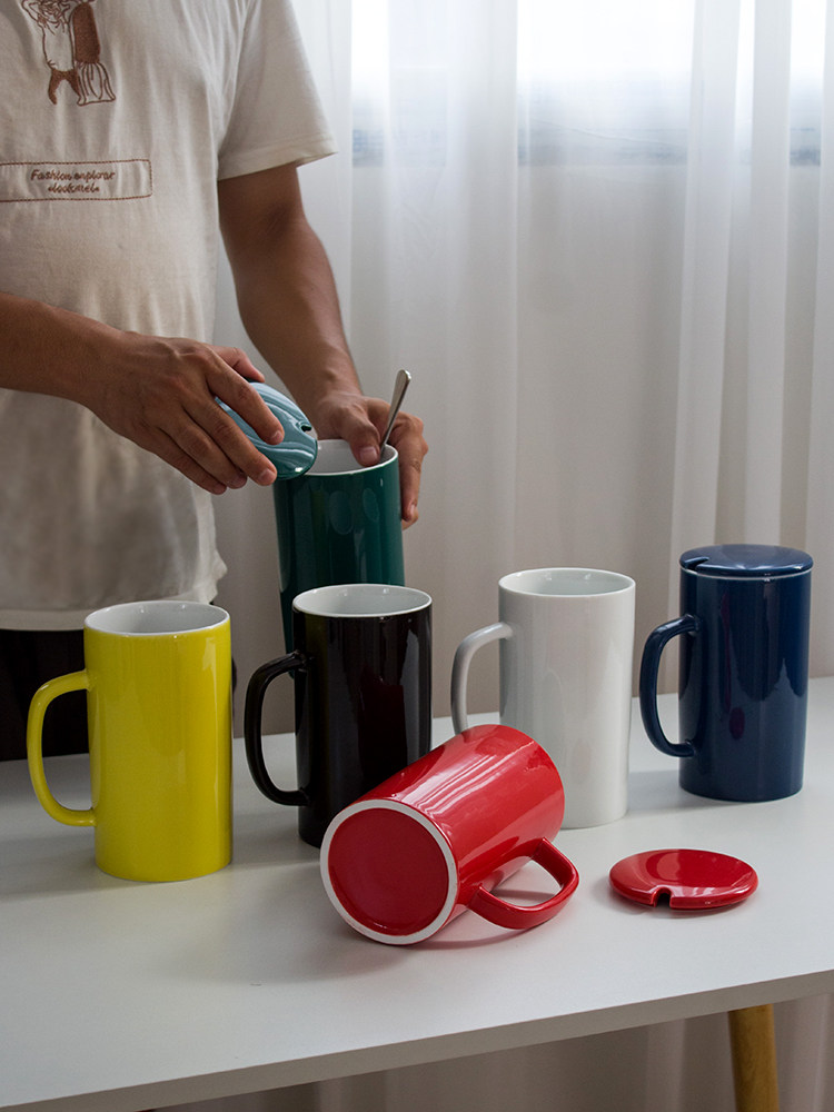 Nordic ins large-capacity mug oversized ceramic cup with lid spoon simple high cup custom logo home - Taobao