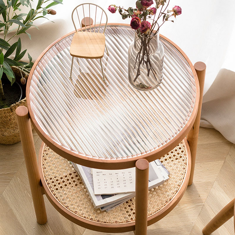 Ins solid wood rattan tea table Nordic round glass sofa side several household Japanese log balcony tea table combination