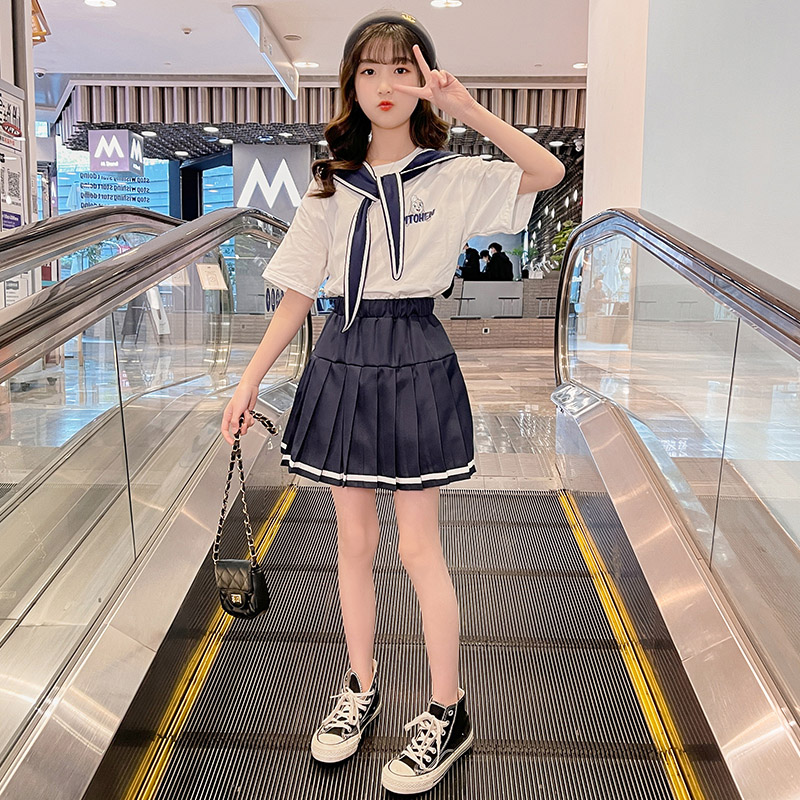 Girl Summer Dress Trendy Children Jk Suit Big Boy Nets Red 2022 New Foreign Pie Academy Wind Cuddling Bag Skirt two sets