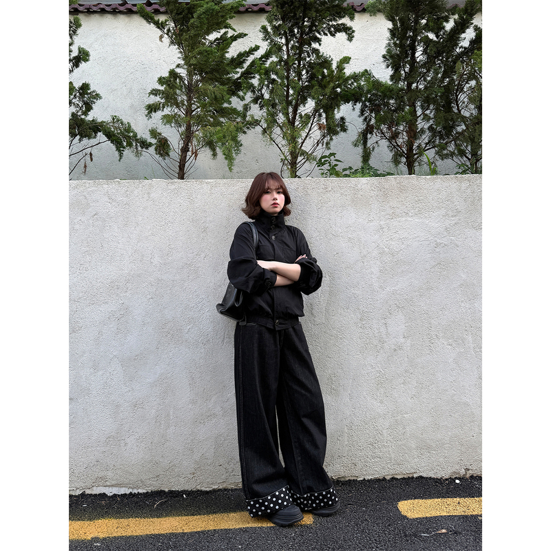 Vegetable Orbs Polka Dot Diary Color-Block Polka Dot Patchwork Jeans Women's Autumn Loose Straight Wide-Leg Pants Vegetable Orbs Polka Dot Diary Color-Block Polka Dot Patchwork Jeans Women's Autumn Loose Straight Wide-Leg Pants