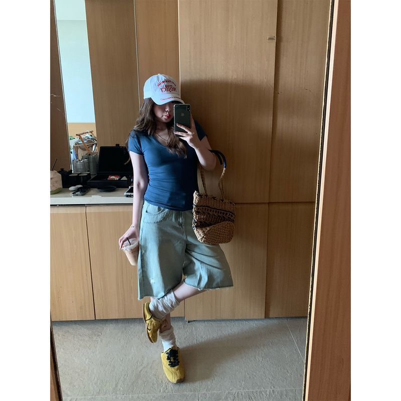 Vegetable Orbs Milan Old Vintage Blue Distressed Wide-Leg Pants Loose Washed Denim Mid-Length Pants