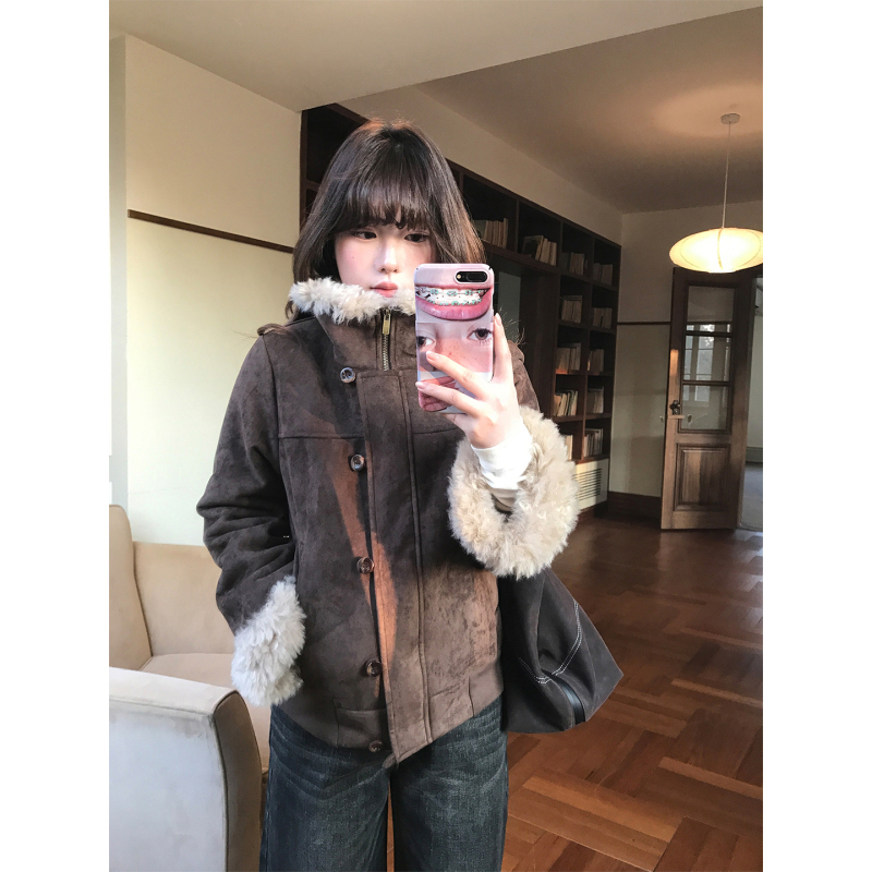 Vegetable Orbs Pine Tea Cocoa Sweet Retro Fur Integrated Suede Eco-Friendly Fur Jacket Coat