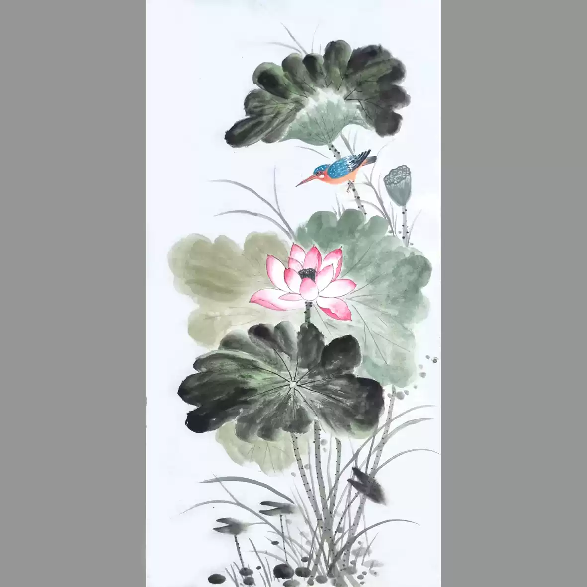 手绘荷花国画三尺竖幅水墨风格国画装饰画新中式玄关挂画-Taobao-Tmall