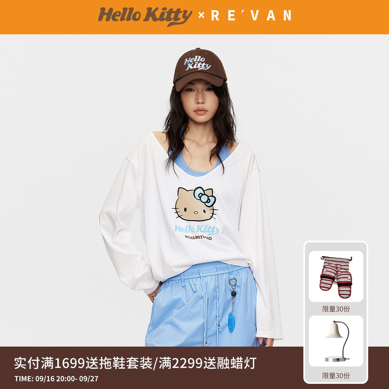 Revan Ruifan Black Leather Hello Kitty Blue and White Color-Blocked Two-Piece Halter Neck Long-Sleeve T-Shirt Rk31001025 Revan Ruifan Black Leather Hello Kitty Blue and White Color-Blocked Two-Piece Halter Neck Long-Sleeve T-Shirt Rk31001025