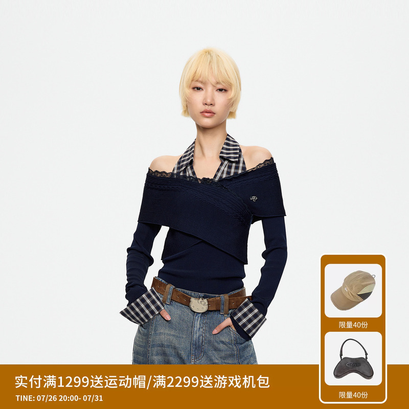 Revan Designer Retro Mixed Style Detachable Plaid Collar Off-Shoulder Sweater Rk70601243