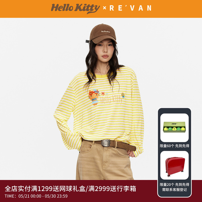 Revan Ruifan Black Leather Hello Kitty Summer Vacation Style Yellow and White Striped Long-Sleeved T-Shirt Rk31001106 Revan Ruifan Black Leather Hello Kitty Summer Vacation Style Yellow and White Striped Long-Sleeved T-Shirt Rk31001106