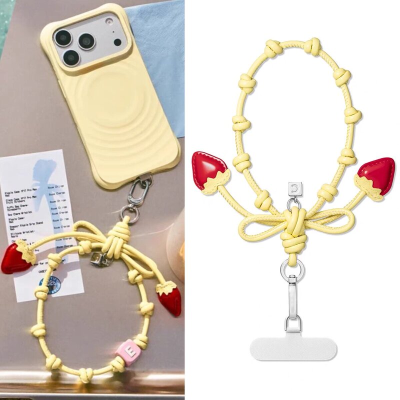 Case Mobile Phone Chain Strawberry Cream Yellow Bow Wrist Strap Short Lanyard Hanging Chain Multifunctional Silicone Keychain Accessory