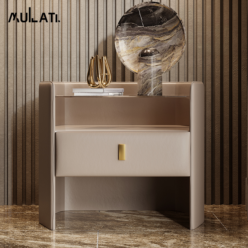 Wooden Lati-Style Minimalist Bed Head Cabinet Modern Light Extravagant Designer Leather Rock Plate Glass Minima Pins