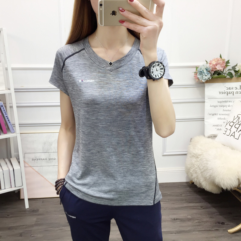Summer V collar T-shirt short sleeve thin section speed dry sports T-shirt woman loose display slim casual fashion high play female type half sleeve