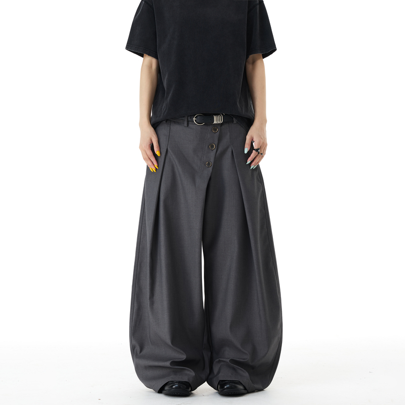 Island American-Style Design Pleated Buttoned Drape Casual Trousers Unisex High-End Loose Floor-Length Commuter Pants