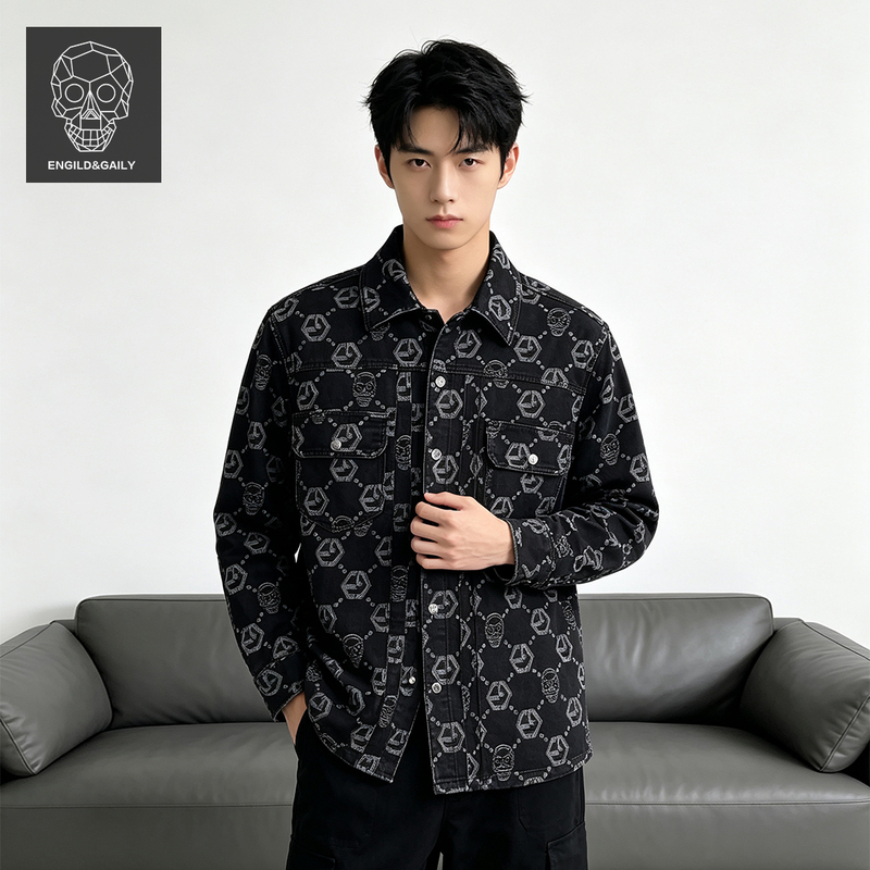 Engild&Gaily American-Style Skull Jacquard Jacket for Men, Black Lapel, Versatile Trendy Brand Coat