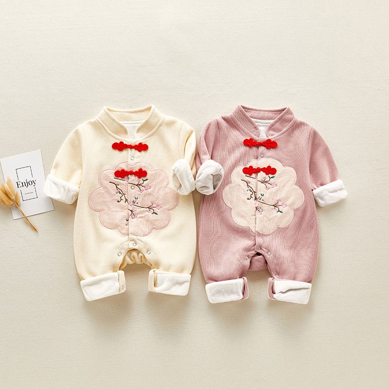 Baby autumn and winter baby clothes jumpsuit full moon hundred days one-year-old romper festive plus velvet cute outing clothes