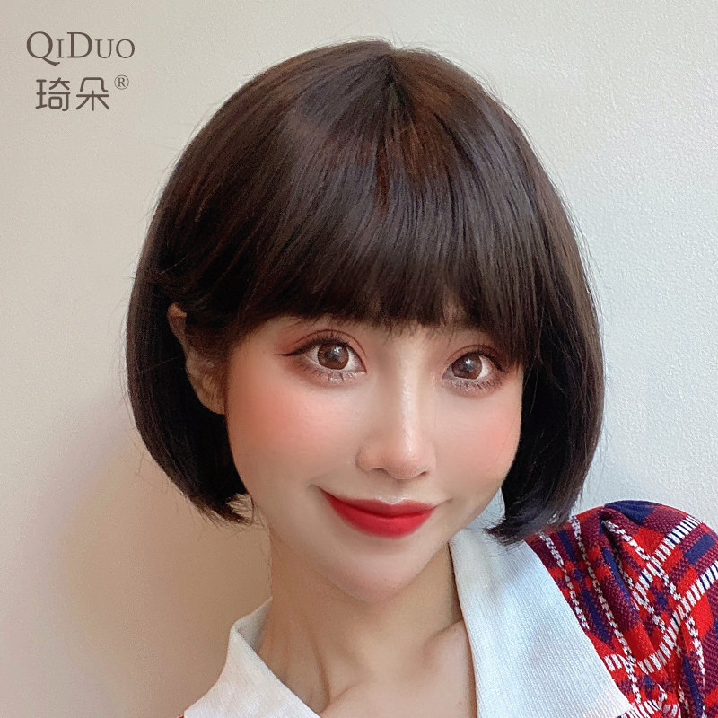 Wig Short Hair Girl Full Headgear BOBO Wave Direct Hair Mechanism Real Person Hair Mix Hair Net Red Air Lime Wig Sleeve
