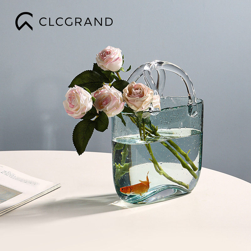 Nordic transparent glass bag vase net red handbag ornament creative light luxury living room water arrangement ornaments