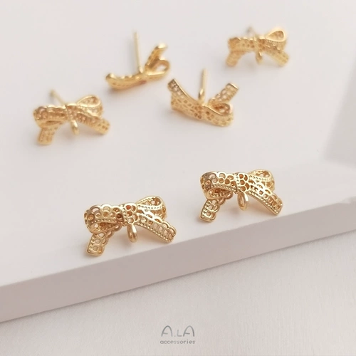 Серьги с бантиком, серебряная игла ручной работы, иголка, аксессуар, 14 карат, золотой цвет, цветочный принт, кружевное платье, серебро 925 пробы