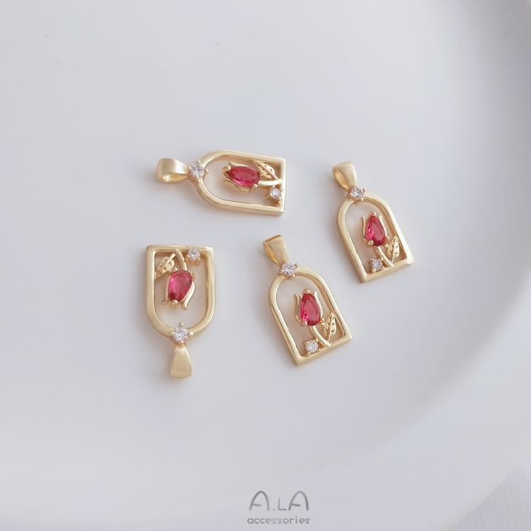1 Piece 9.3*19.2mm Copper Zircon 14K Gold Plated Flower Polished Pendant display picture 2