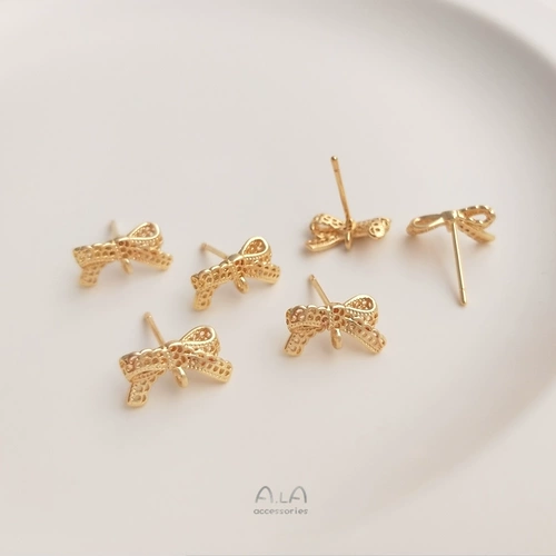 Серьги с бантиком, серебряная игла ручной работы, иголка, аксессуар, 14 карат, золотой цвет, цветочный принт, кружевное платье, серебро 925 пробы